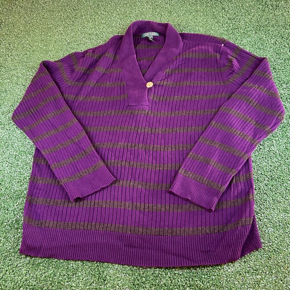 Lauren Ralph Lauren Striped Knit Sweater V-Neck Pullover Top Purple Womens 3X